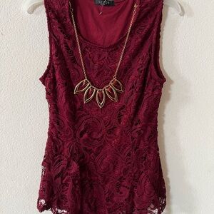 Brand New Scobe Sleeveless Lace Wine Top w/ Necklace